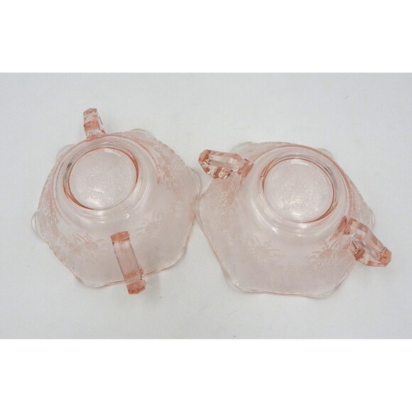 Hazel Atlas Florentine Poppy Pink Depression Glass Two-Handle Soup Nut Bowl Pair - Picture 7 of 9